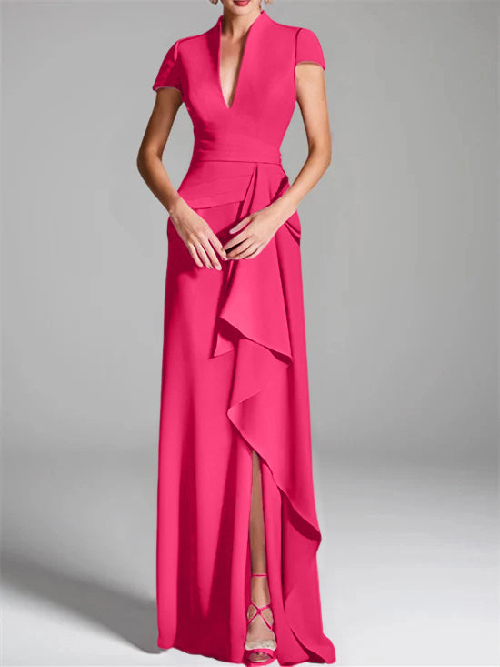 Sheath Column V Neck Short Sleeves Floor Length Mother Of The Bride Dresses With Split Side