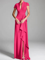 Sheath/Column V-Neck Short Sleeves Floor-Length Mother of the Bride Dresses with Split Side