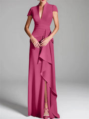 Sheath Column V Neck Short Sleeves Floor Length Mother Of The Bride Dresses With Split Side