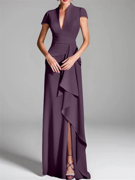 Sheath Column V Neck Short Sleeves Floor Length Mother Of The Bride Dresses With Split Side