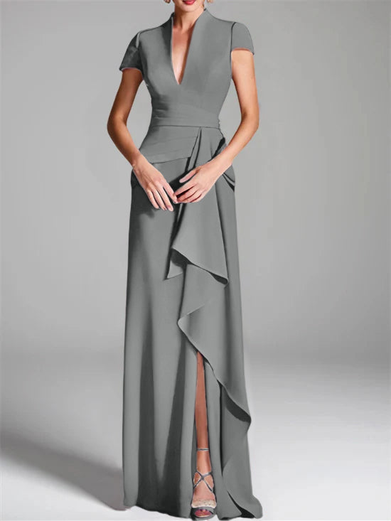 Sheath Column V Neck Short Sleeves Floor Length Mother Of The Bride Dresses With Split Side