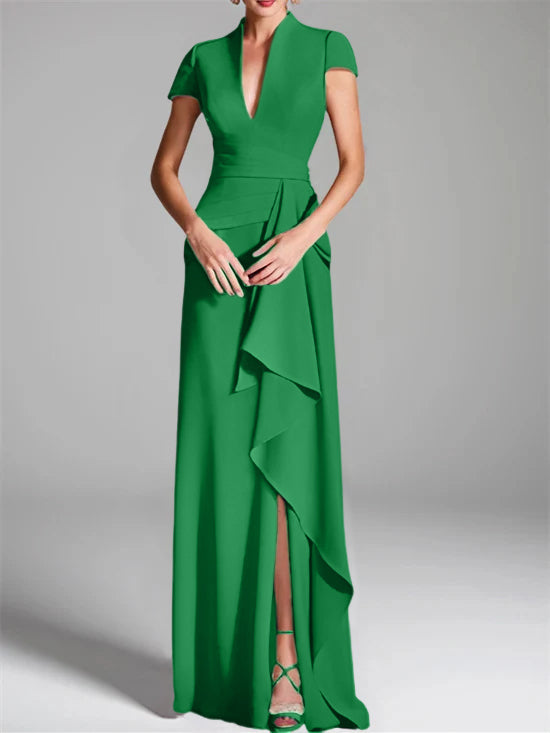 Sheath Column V Neck Short Sleeves Floor Length Mother Of The Bride Dresses With Split Side