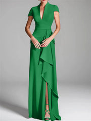 Sheath/Column V-Neck Short Sleeves Floor-Length Mother of the Bride Dresses with Split Side