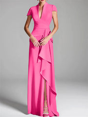 Sheath Column V Neck Short Sleeves Floor Length Mother Of The Bride Dresses With Split Side