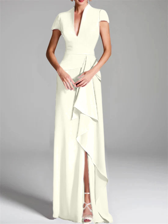Sheath Column V Neck Short Sleeves Floor Length Mother Of The Bride Dresses With Split Side