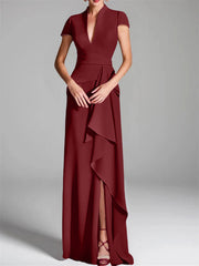 Sheath Column V Neck Short Sleeves Floor Length Mother Of The Bride Dresses With Split Side