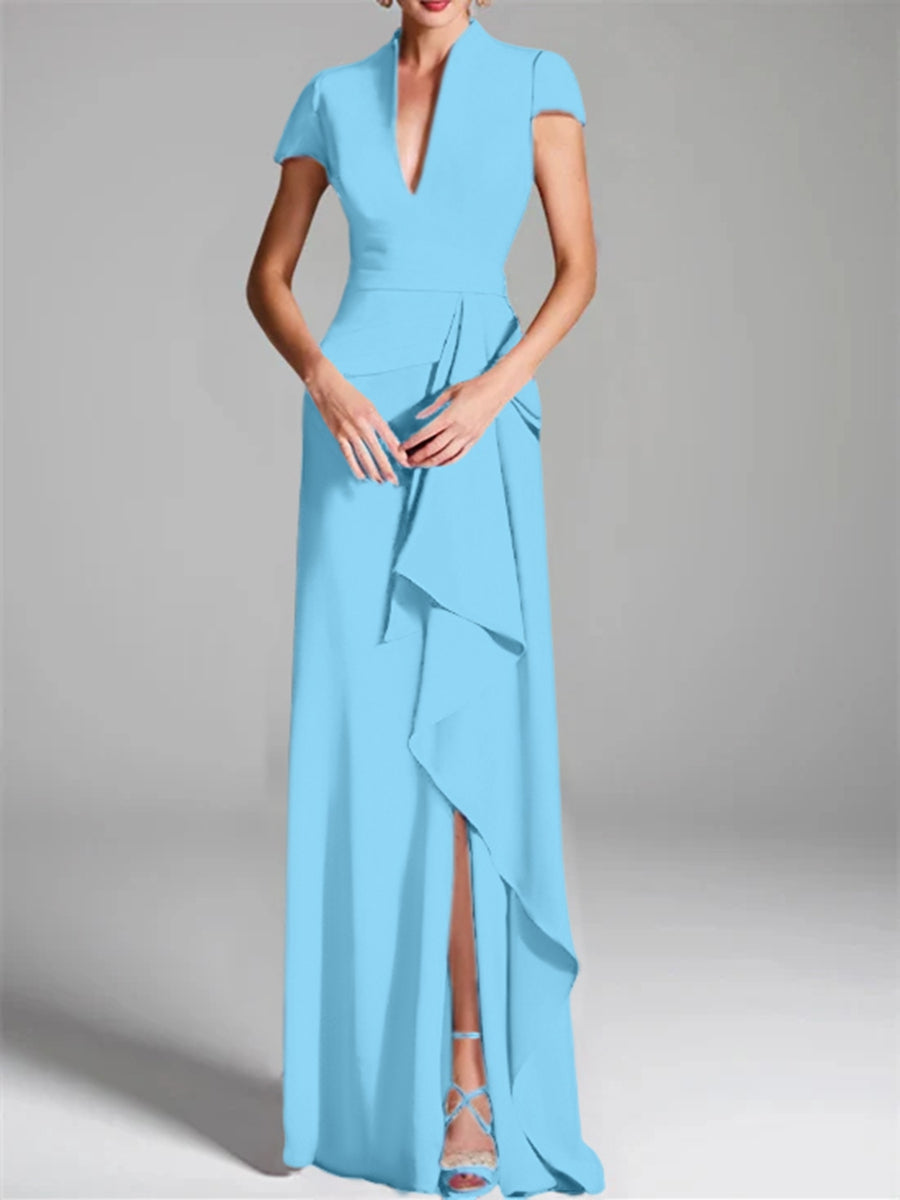 Sheath Column V Neck Short Sleeves Floor Length Mother Of The Bride Dresses With Split Side