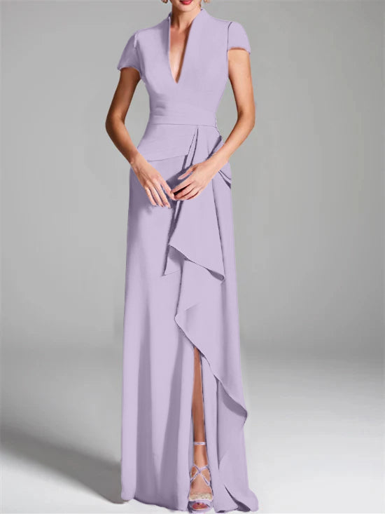 Sheath Column V Neck Short Sleeves Floor Length Mother Of The Bride Dresses With Split Side