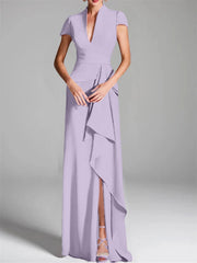 Sheath Column V Neck Short Sleeves Floor Length Mother Of The Bride Dresses With Split Side
