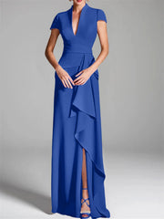Sheath Column V Neck Short Sleeves Floor Length Mother Of The Bride Dresses With Split Side