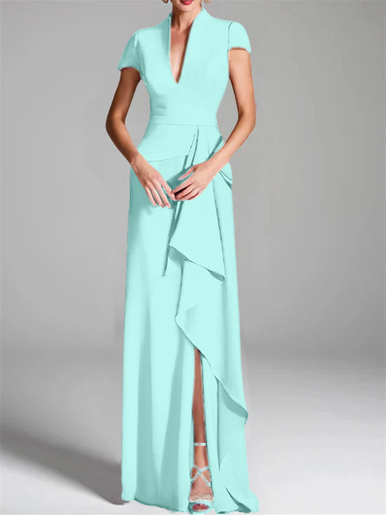 Sheath Column V Neck Short Sleeves Floor Length Mother Of The Bride Dresses With Split Side