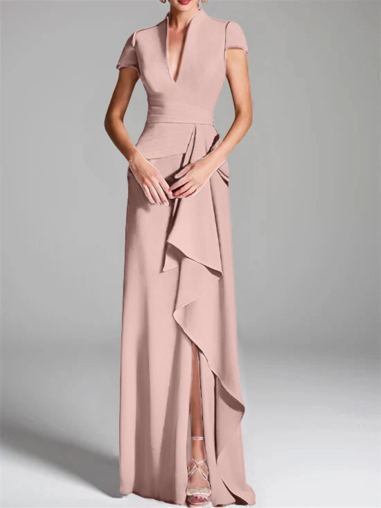 Sheath Column V Neck Short Sleeves Floor Length Mother Of The Bride Dresses With Split Side