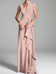 Sheath Column V Neck Short Sleeves Floor Length Mother Of The Bride Dresses With Split Side