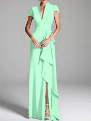 Sheath Column V Neck Short Sleeves Floor Length Mother Of The Bride Dresses With Split Side