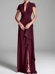 Sheath Column V Neck Short Sleeves Floor Length Mother Of The Bride Dresses With Split Side