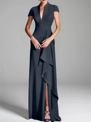 Sheath Column V Neck Short Sleeves Floor Length Mother Of The Bride Dresses With Split Side