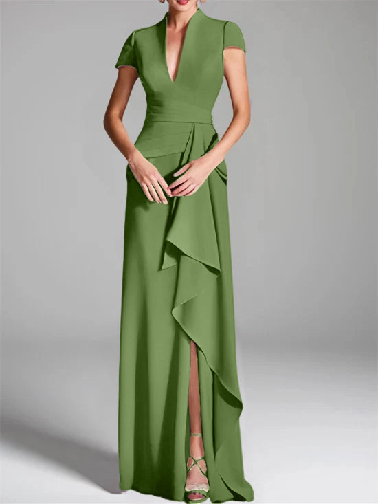Sheath Column V Neck Short Sleeves Floor Length Mother Of The Bride Dresses With Split Side