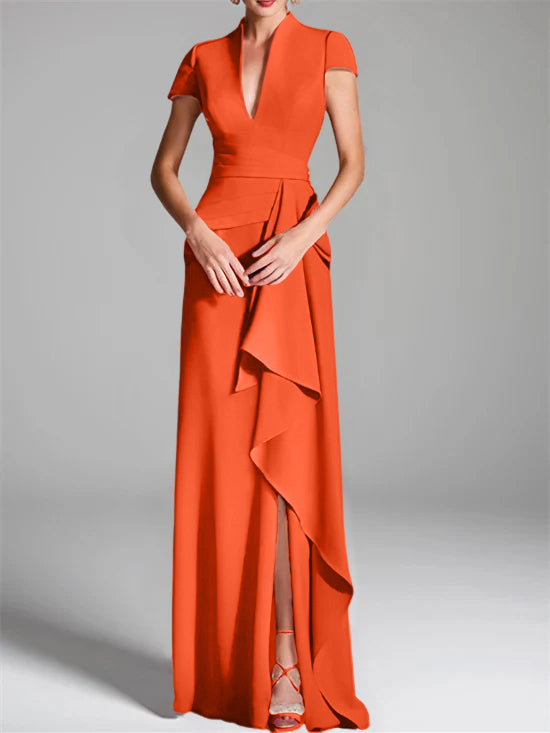 Sheath Column V Neck Short Sleeves Floor Length Mother Of The Bride Dresses With Split Side