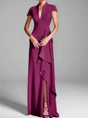 Sheath Column V Neck Short Sleeves Floor Length Mother Of The Bride Dresses With Split Side