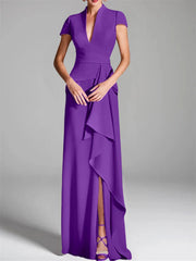 Sheath/Column V-Neck Short Sleeves Floor-Length Mother of the Bride Dresses with Split Side