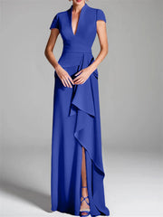 Sheath Column V Neck Short Sleeves Floor Length Mother Of The Bride Dresses With Split Side