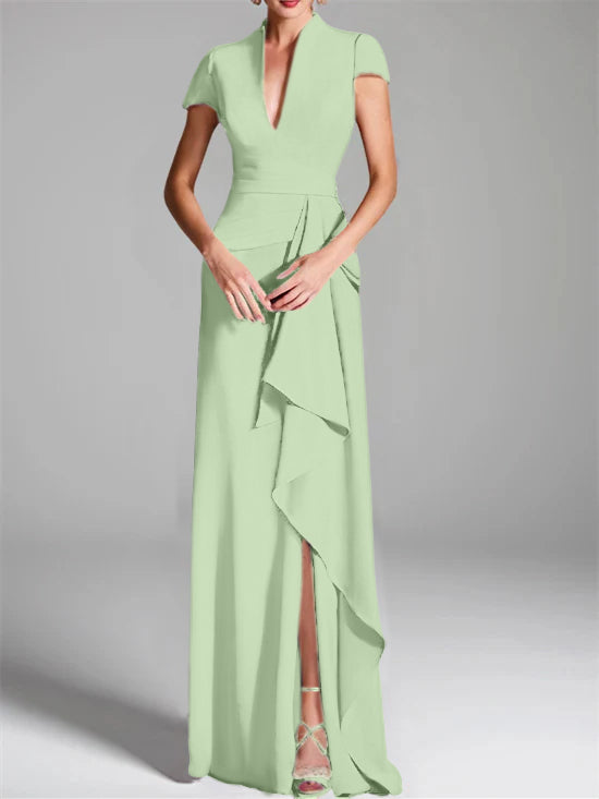 Sheath Column V Neck Short Sleeves Floor Length Mother Of The Bride Dresses With Split Side