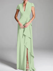 Sheath Column V Neck Short Sleeves Floor Length Mother Of The Bride Dresses With Split Side