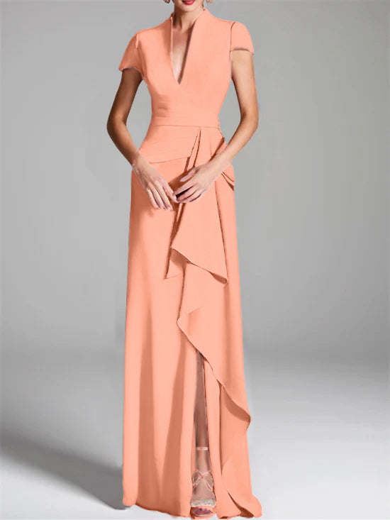 Sheath Column V Neck Short Sleeves Floor Length Mother Of The Bride Dresses With Split Side