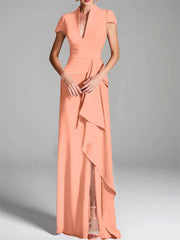 Sheath Column V Neck Short Sleeves Floor Length Mother Of The Bride Dresses With Split Side