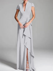 Sheath Column V Neck Short Sleeves Floor Length Mother Of The Bride Dresses With Split Side