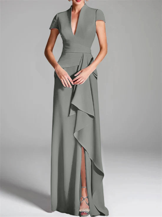 Sheath Column V Neck Short Sleeves Floor Length Mother Of The Bride Dresses With Split Side