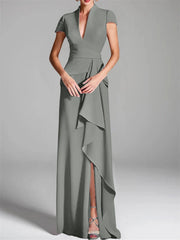 Sheath Column V Neck Short Sleeves Floor Length Mother Of The Bride Dresses With Split Side