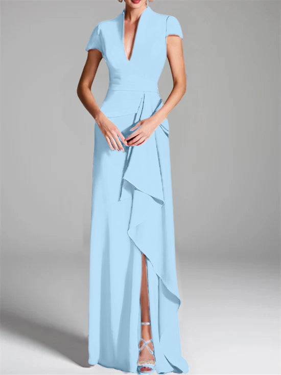 Sheath Column V Neck Short Sleeves Floor Length Mother Of The Bride Dresses With Split Side
