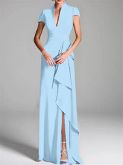 Sheath Column V Neck Short Sleeves Floor Length Mother Of The Bride Dresses With Split Side