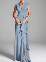 Sheath Column V Neck Short Sleeves Floor Length Mother Of The Bride Dresses With Split Side