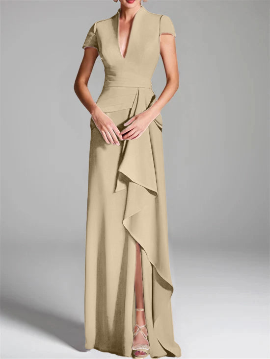 Sheath Column V Neck Short Sleeves Floor Length Mother Of The Bride Dresses With Split Side