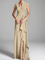 Sheath Column V Neck Short Sleeves Floor Length Mother Of The Bride Dresses With Split Side
