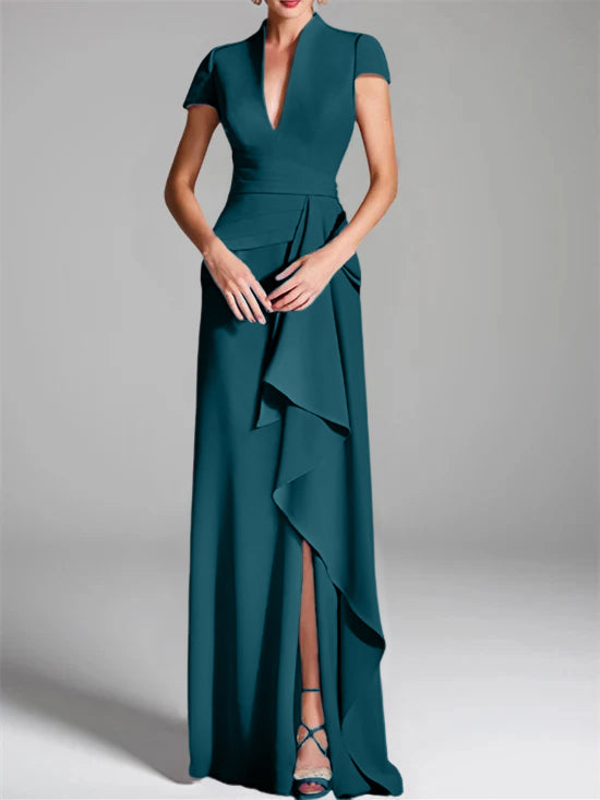 Sheath Column V Neck Short Sleeves Floor Length Mother Of The Bride Dresses With Split Side