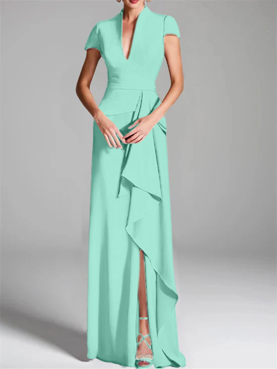 Sheath Column V Neck Short Sleeves Floor Length Mother Of The Bride Dresses With Split Side