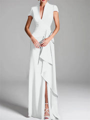 Sheath Column V Neck Short Sleeves Floor Length Mother Of The Bride Dresses With Split Side