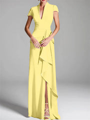 Sheath Column V Neck Short Sleeves Floor Length Mother Of The Bride Dresses With Split Side