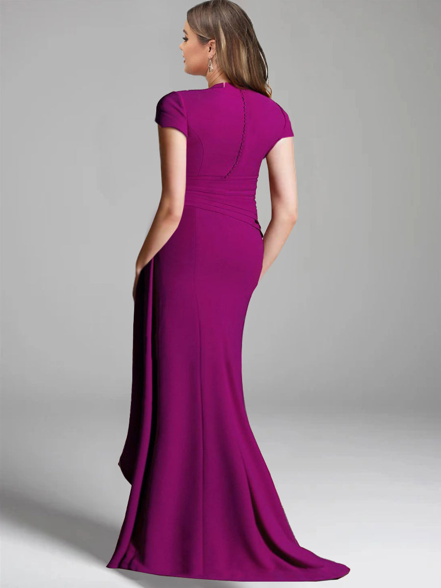 Sheath Column V Neck Short Sleeves Floor Length Mother Of The Bride Dresses With Split Side