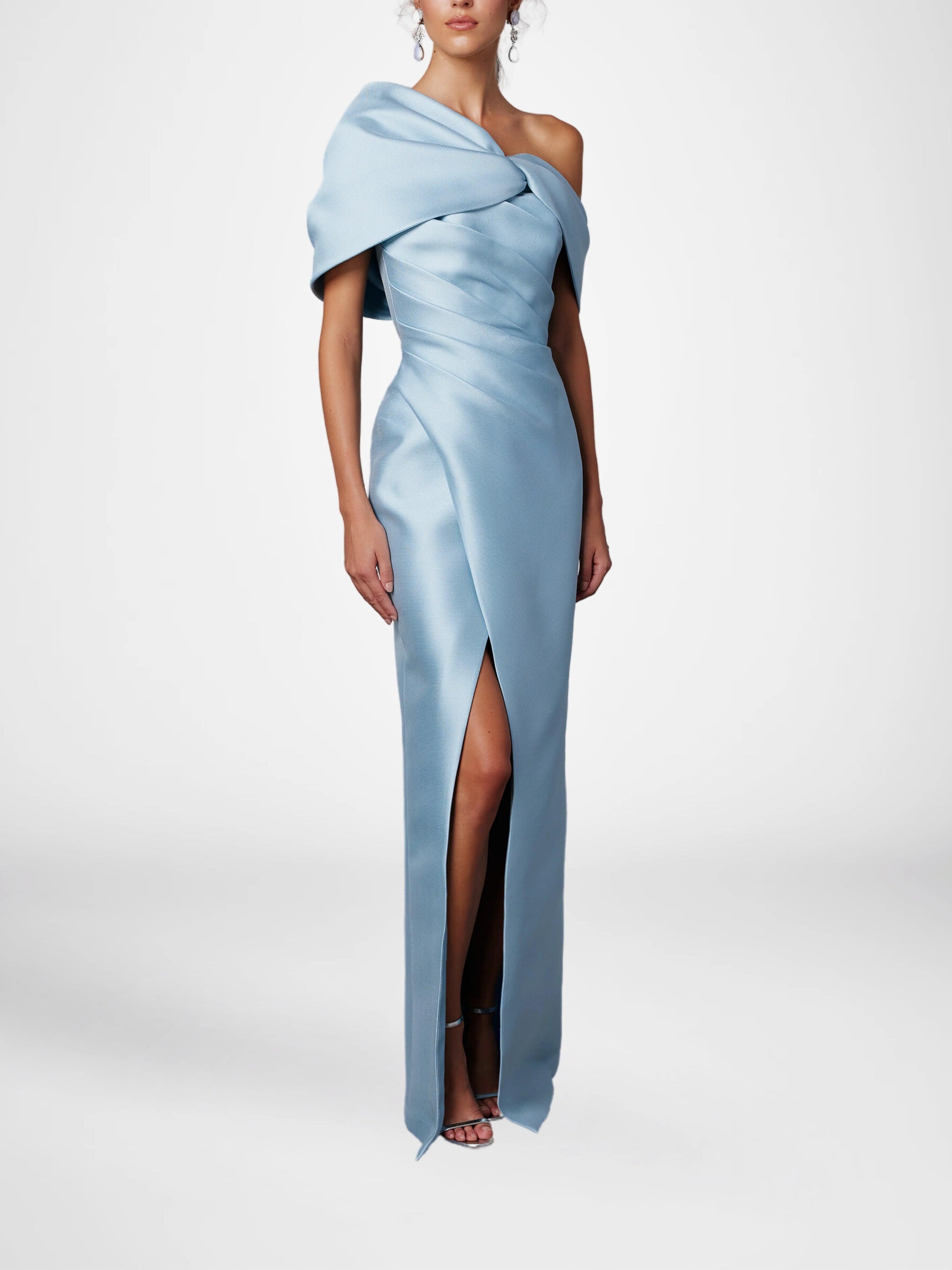 Sheath Column One Shoulder Half Sleeves Floor Length Mother Of The Bride Dresses With Ruffles