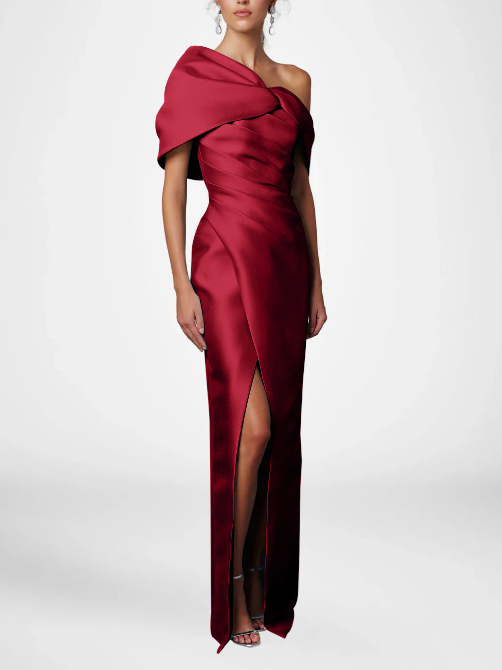 Sheath Column One Shoulder Half Sleeves Floor Length Mother Of The Bride Dresses With Ruffles