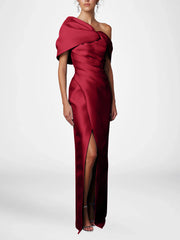 Sheath Column One Shoulder Half Sleeves Floor Length Mother Of The Bride Dresses With Ruffles
