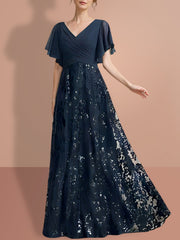 A Line Princess V Neck Short Sleeves Floor Length Mother Of The Bride Dresses With Sequins