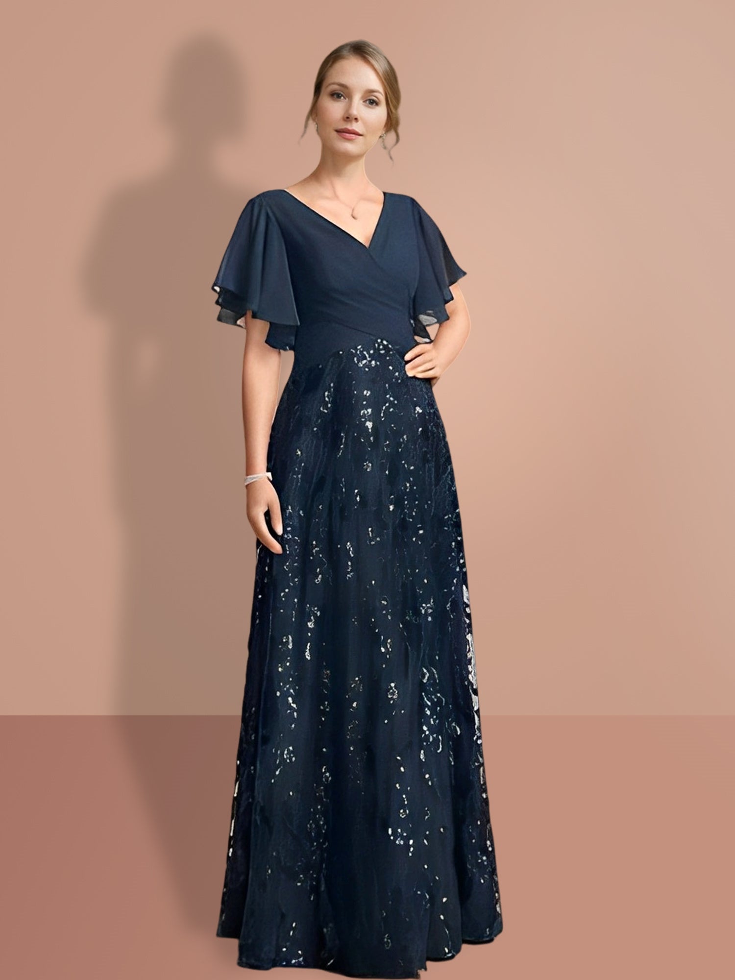 A Line Princess V Neck Short Sleeves Floor Length Mother Of The Bride Dresses With Sequins