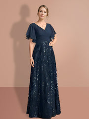 A Line Princess V Neck Short Sleeves Floor Length Mother Of The Bride Dresses With Sequins