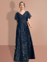 A Line Princess V Neck Short Sleeves Floor Length Mother Of The Bride Dresses With Sequins