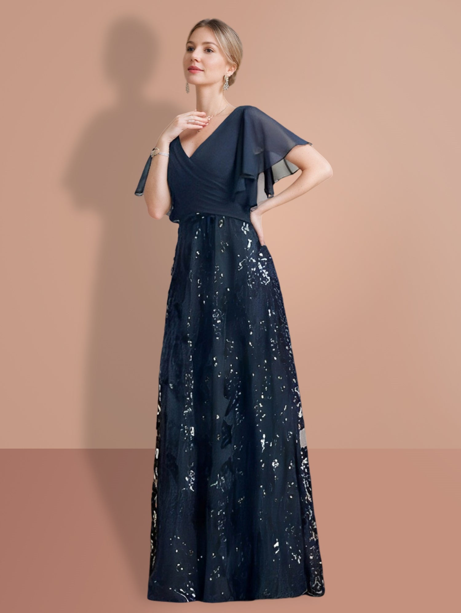 A Line Princess V Neck Short Sleeves Floor Length Mother Of The Bride Dresses With Sequins